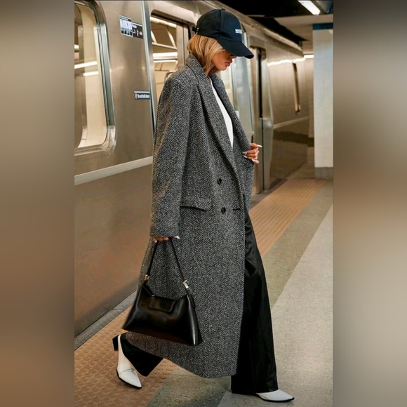 New Chic Oversized Herringbone Tweed Long Maxi Jacket Coat Gray - Picture 4 of 11